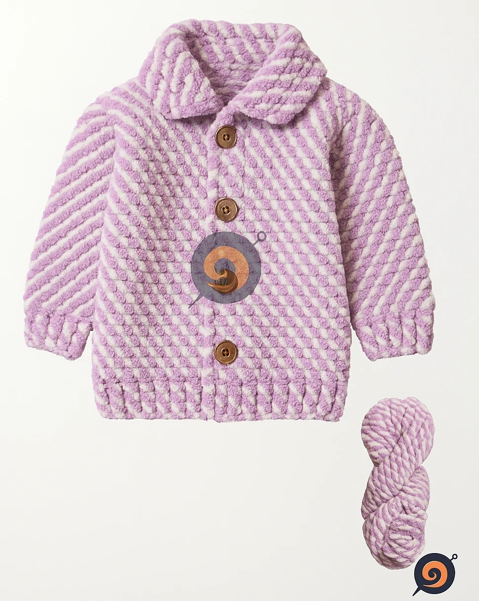 Hand-knitted lavender cable knit cardigan for girls – elegant woolen sweater with wooden buttons, ribbed cuffs, and hem, displayed on a pastel blue background. Premium handcrafted knitwear for warmth and style.