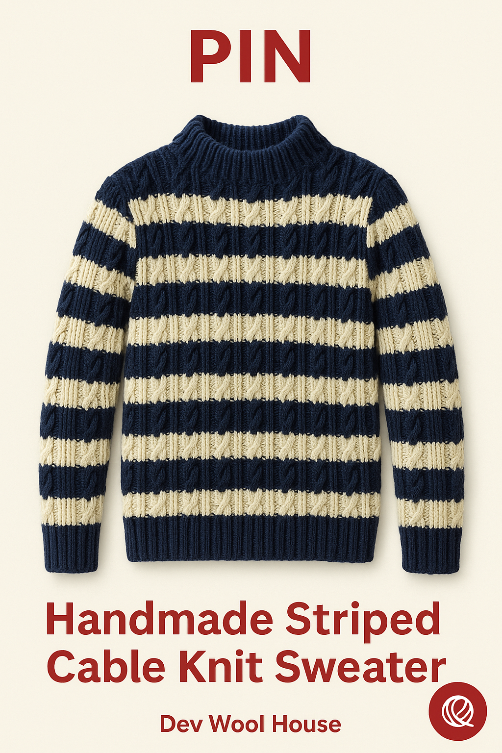 Handmade striped cable knit sweater using Ganga Olivia yarn in navy blue and white – DIY knitting pattern for cozy winter wear