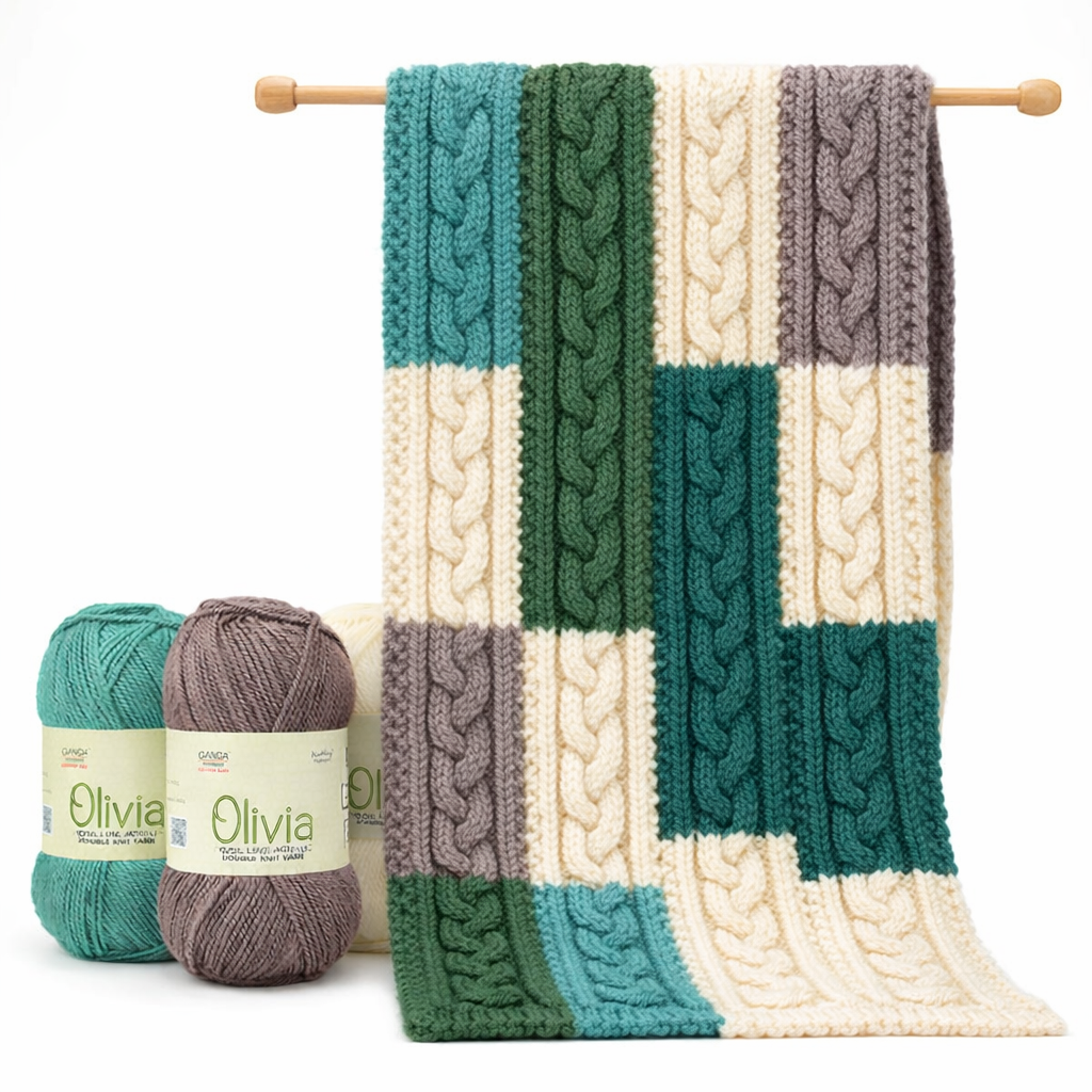 Hand knitted scarf made using Ganga Olivia wool yarn